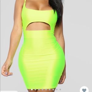 neon green mini dress with front cut out